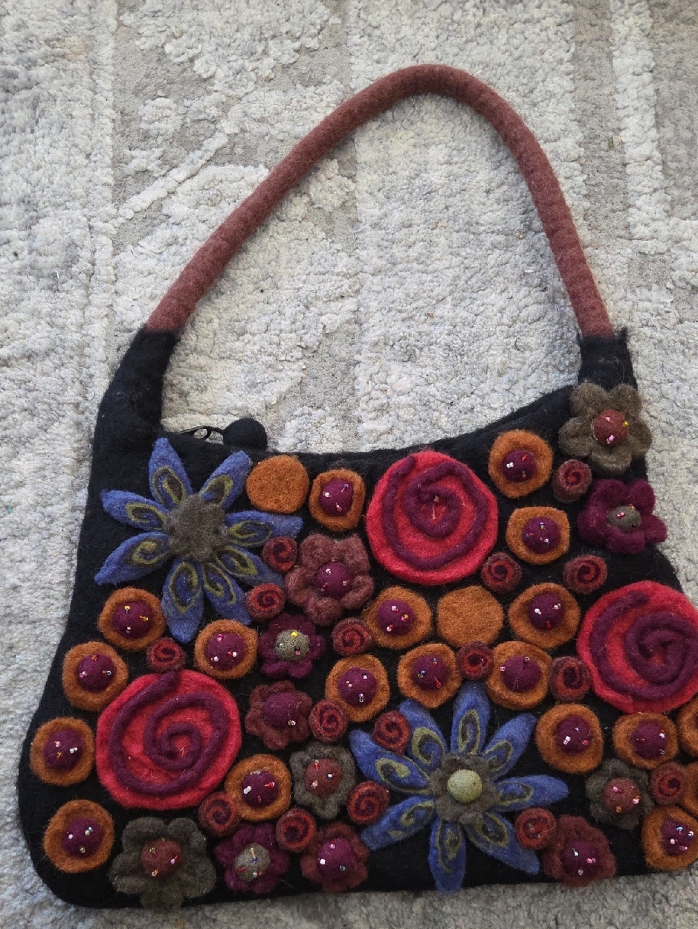 Rising Tide Black Felt Shoulder Bag with Multicolor Floral Appliqués